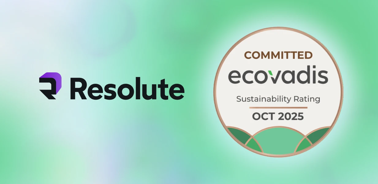 The image shows the Resolute logo on the left, with a purple and black “R” icon followed by the word “Resolute” in bold black font. On the right is a circular badge reading “COMMITTED ecovadis Sustainability Rating OCT 2025” with green and copper design elements. The background is a soft green and white gradient, symbolizing environmental commitment and sustainability. The image highlights Resolute’s recognition for sustainability efforts by EcoVadis.